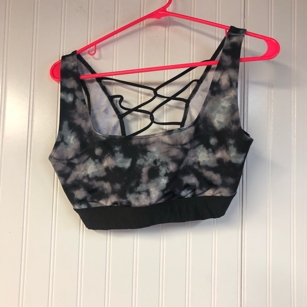 Victoria Secret Womens Sports Bra Large Black Gray Tie Dye Crisscross Back